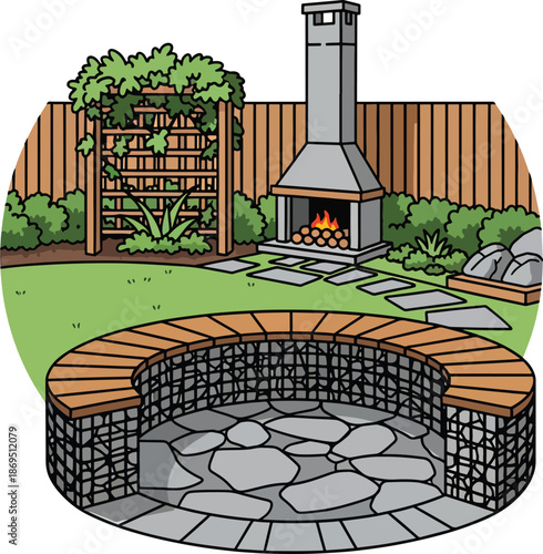 A backyard with a stone fire pit, wood fence, and outdoor fireplace