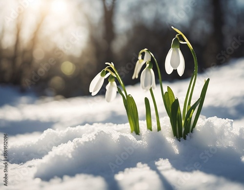 Snowdrops Emerging from Snow – Spring Renewal Nature Background. Close-up image of snowdrop flowers emerging from snow, symbolizing purity, rebirth, calm, and the arrival of spring. AI image