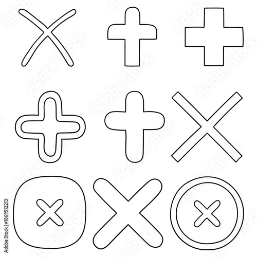 Hand-drawn doodle set of cross icons on a white background.