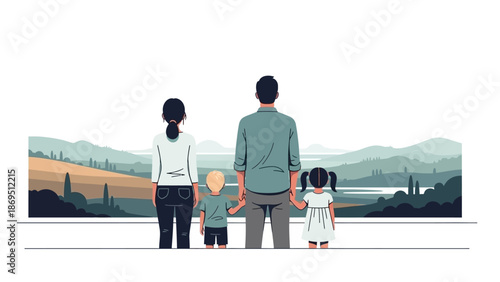 Family of four viewing a stylized landscape of rolling hills and water
