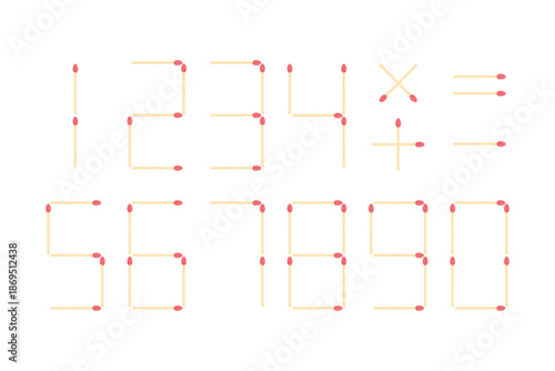 Numbers made from matches on a white background. Numbers, plus, minus, multiplication. Equals made from matches.