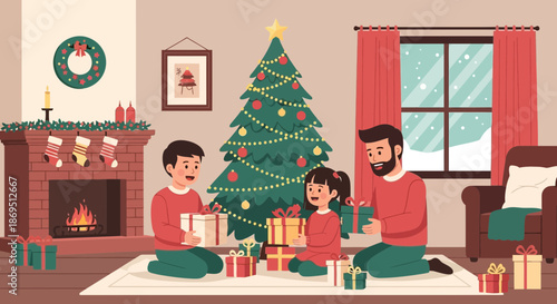 Warm holiday scene of a family exchanging Christmas gifts near the fireplace and tree