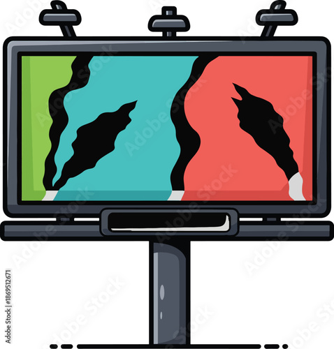 A billboard with a divided screen displaying contrasting colors and shapes