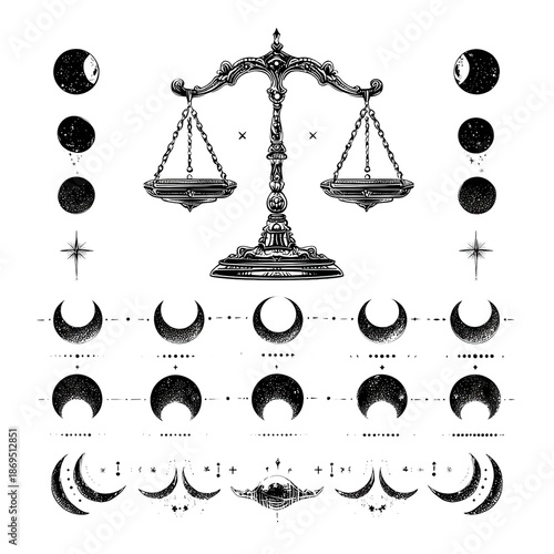 Set of 29 vintage celestial moon phase icons with ornate stars isolated PNG with Transparent Background