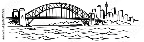 Hand drawn illustration of Sydney skyline depicting the Harbour Bridge and city architecture for travel and tourism