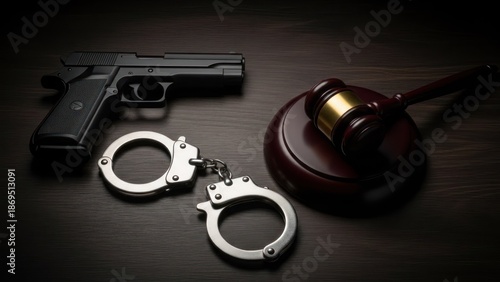 A handgun, handcuffs, and a gavel on a dark wooden surface, symbolizing law and crime