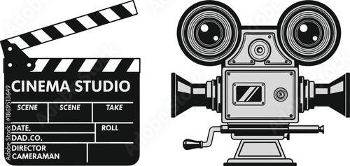 Cinema studio clapperboard and vintage film camera illustration for movie production filmmaking and media design vector