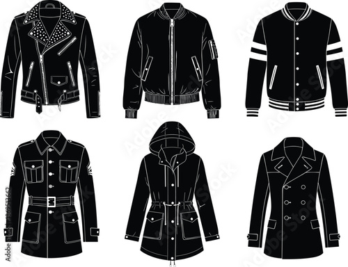 Men jacket silhouette vector illustration set, modern outerwear fashion collection including leather, bomber, varsity and winter coats, black white apparel icons