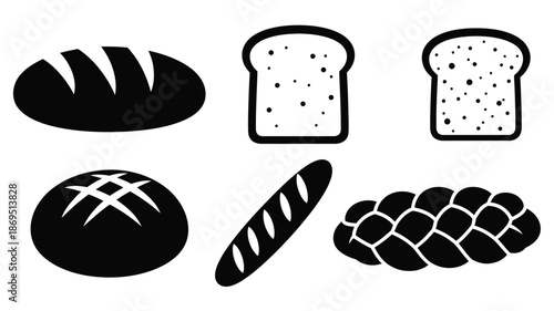 Variety of bread types in a simple black and white silhouette