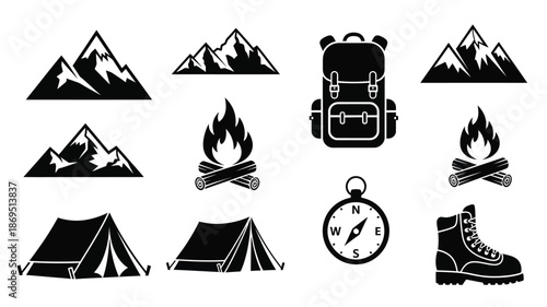 Camping icons with mountains backpack fire and tent silhouette