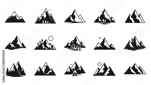 A collection of mountain range icons in black and white silhouette