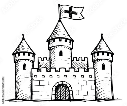 Hand drawn line art illustration of a medieval castle with a flag and battlements for fairytales and history concepts