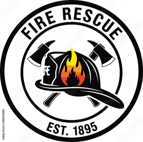 Fire Rescue Service Emblem – Vintage Firefighter Badge with Crossed Axes, Helmet, and Flame, Fire Department Logo Vector
