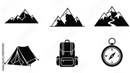 Mountain range with camping gear and compass a bold silhouette