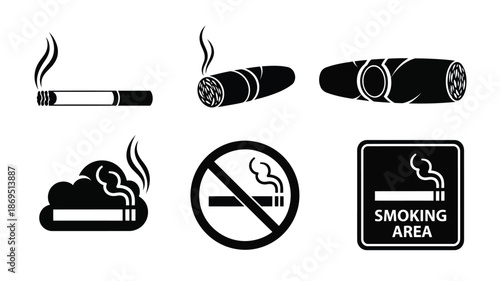 Cigars cigarettes and smoking symbols in black and white silhouette