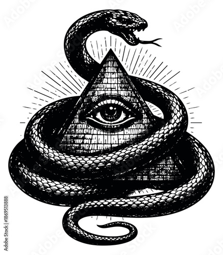 Hand drawn line art illustration of an all-seeing eye pyramid with a coiled snake depicting mystical symbolism for spiritual designs