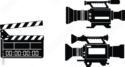 Film clapperboard and professional video camera silhouette icon set for cinema movie production media vector