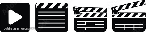 Video play button and film clapperboard icon set for cinema movie production and media design vector