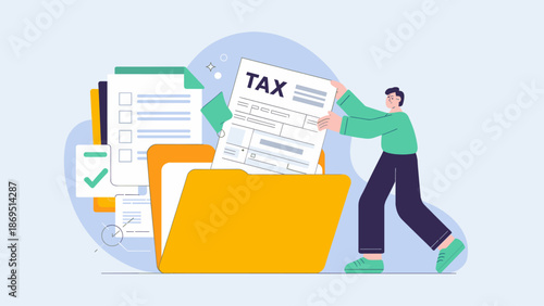 man filing a tax form into a folder vector illustration, tax preparation and financial document management