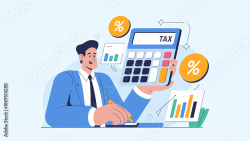 businessman using a calculator for tax calculation flat vector illustration
