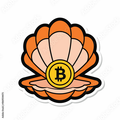 A cartoon clamshell with a bitcoin