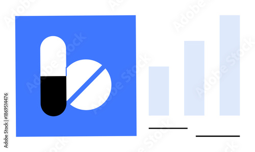 Pharmaceutical data visualization. Pills icon and bar chart highlight the concept of pharmaceutical growth. Ideal for presentations, medical analytics, healthcare reports, and research. Functional