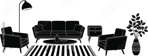 Modern living room furniture silhouette vector illustration, minimalist interior design with sofa, armchairs, lamp, rug and plant, black white decor set