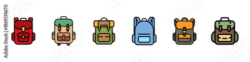 Backpack color icon set. Travel and camping rucksack colorful symbols for hiking, tourism and outdoor adventure concepts. Backpack bag illustration in multicolored styles, isolated.