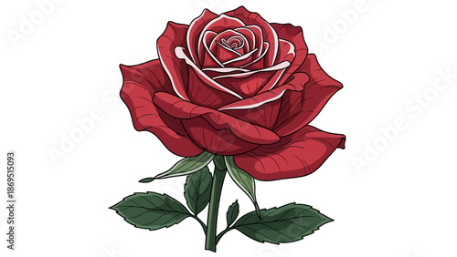 Classic Red Rose with Green Stem and Leaves on Isolated White Background