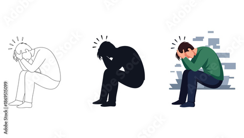 Collection of illustrations depicting a person sitting down in distress covering their face with hands showing anxiety stress depression isolation and mental health struggles