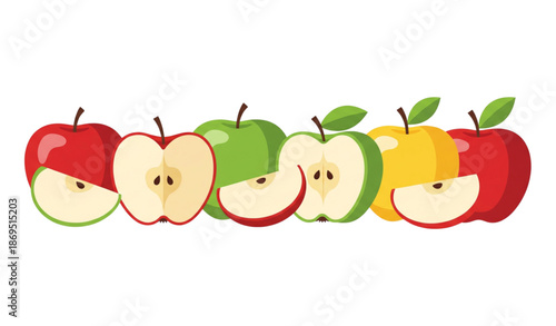 Fresh apple fruits with slices and whole pieces in red green and yellow flat vector illustration isolated on transparent background