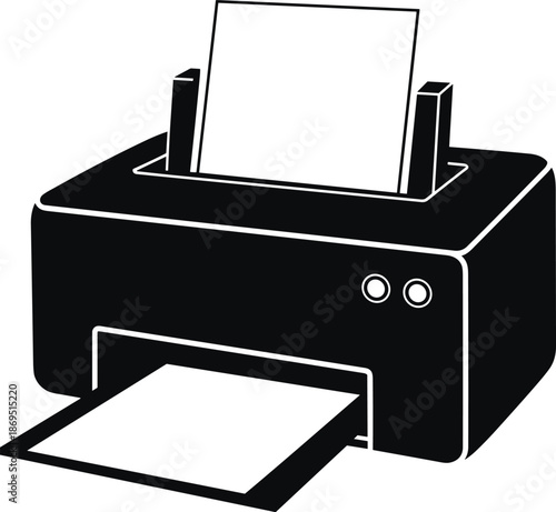 Black and white printer icon, minimalist vector illustration of computer peripheral hardware with paper sheets, inkjet or laser printer office equipment isolated.