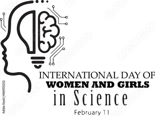 Black and white vector illustration of woman’s profile with brain and circuits for February 11 STEM event