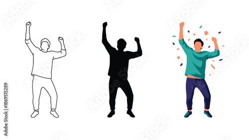 Collection of illustrations depicting a man celebrating victory or success with raised arms in outline silhouette and colorful vector styles