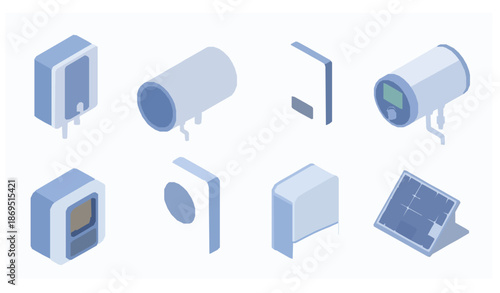 Cartoon isometric water heating system vector set gas electric solar