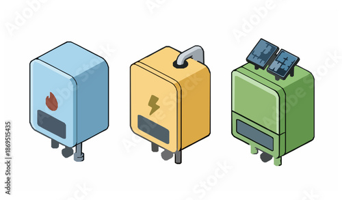 Isometric gas electric and solar water heater devices vector illustration