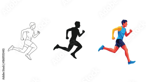Collection of three distinct running man icons including a vibrant colored illustration a silhouette and a clean outline drawing