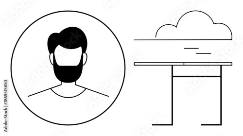 Identity, technology, remote work, cloud computing, minimalism, data storage. Outline of a mans face with a beard, cloud icon over a desk. Identity and technology as conceptual