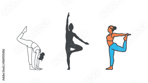 Collection of various female yoga poses illustrated in outline silhouette and full color icons representing balance stretching and mindful exercise