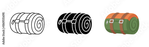 Sleeping bag icon. Rolled camping sleeping bag with straps symbol for outdoor travel and hiking. Tourism and adventure equipment illustration for warm overnight sleep and rest.