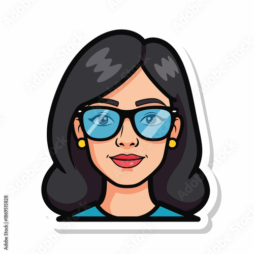 A cartoon woman with dark hair and blue glasses