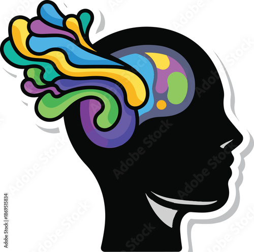 A black human head silhouette with a colorful brain