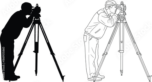 Surveyor with theodolite on tripod vector illustration set, professional land surveying silhouette and line art, construction measurement equipment concept