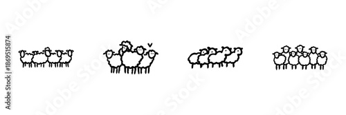 Sheep Group Line Icon Set In Doodle Style. Farm Animal, Livestock, And Pasture Management Outline Sketch Collection. Hand Drawn Isolated Vector Illustration