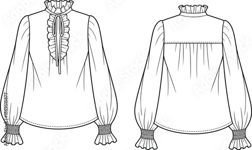 Cad drawing flat vector illustration, women’s blouse front and back view, fashion technical sketch, ruffle collar, smocked sleeve design