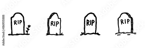 Gravestone Rip Line Icon Set In Doodle Style. Memorial, Mourning, And Cemetery Symbol Outline Sketch Collection. Funeral And Remembrance Theme. Hand Drawn Isolated Vector Illustration