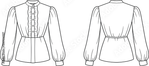 Cad drawing flat vector illustration, women’s blouse front and back view, fashion technical sketch, ruffle placket, fitted waist design