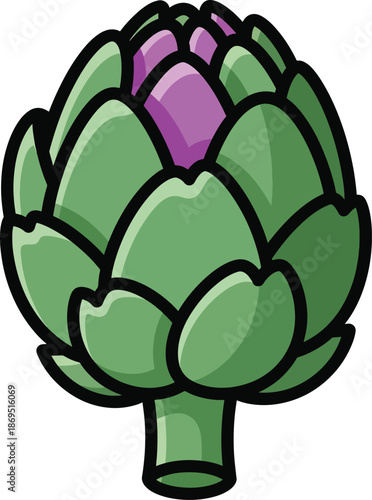 A cartoon-style illustration of an artichoke with green leaves and purple center