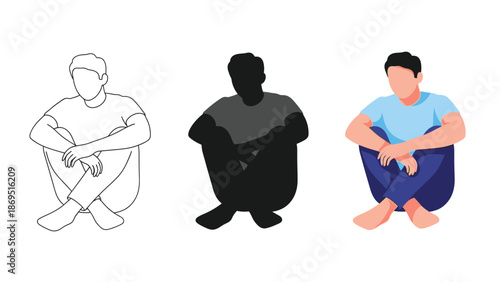 Collection of three distinct visual styles depicting a seated young man with his knees drawn up against his chest in a contemplative or relaxed posture
