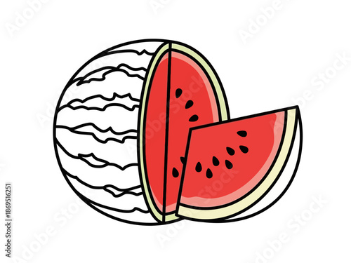 Outline drawing of a watermelon cut in half with a wedge removed